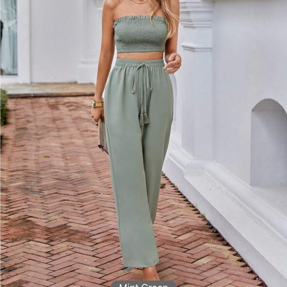 SHEIN VCAY Solid Tube Top & Tie Front Pants mint green - Picture 1 of 4